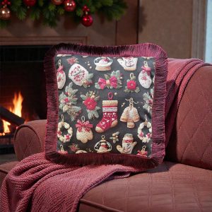 Yılbaşı Siyah Küre Çorap Püsküllü Desen Kırlent Kılıfı 40*40 cm Yeniyıl - Noel - Christmas