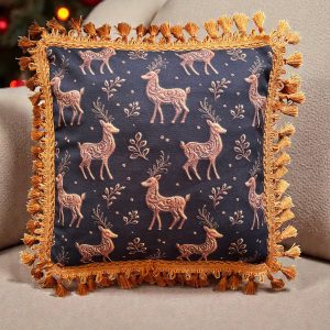 Yılbaşı Saçaklı Siyah Geyik Model Kırlent Kılıfı 40*40 cm Yeniyıl - Noel - Christmas