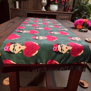 Frida Kahlo Model Yeşil Kırmızı Püsküllü Runner 50 x 150 cm - Salon Masa Örtü Amerikan Servis