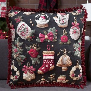 Yılbaşı Saçaklı Siyah Çorap Küre Desen Kırlent Kılıfı 40*40 cm Yeniyıl - Noel - Christmas