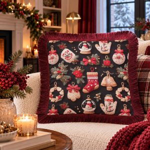 Yılbaşı Siyah Küre Çorap Püsküllü Desen Kırlent Kılıfı 40*40 cm Yeniyıl - Noel - Christmas