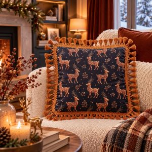 Yılbaşı Saçaklı Siyah Geyik Model Kırlent Kılıfı 40*40 cm Yeniyıl - Noel - Christmas