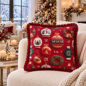 Yılbaşı Kırmızı Kar Küresi Top Saçaklı Çelenk Kırlent Kılıfı 40*40 cm Yeniyıl - Noel - Christmas