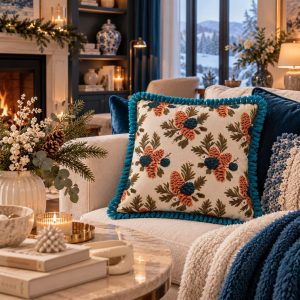 Yılbaşı Saçaklı Yeşil Çam Kozalaklı Kırlent Kılıfı 40*40 cm Yeniyıl - Noel - Christmas