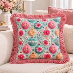 Yılbaşı Saçaklı Pembe Yılbaşı Topu Kırlent Kılıfı 40*40 cm Yeniyıl - Noel - Christmas