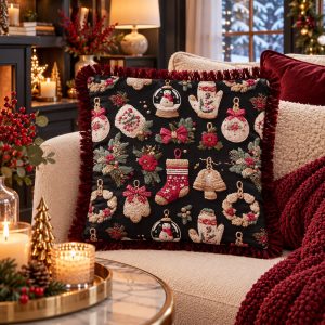Yılbaşı Saçaklı Siyah Çorap Küre Desen Kırlent Kılıfı 40*40 cm Yeniyıl - Noel - Christmas