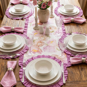 MAİSON ALİSA ŞAKAYIK DESENLİ LİLA FIRFIRLI RUNNER VE SUPLA SETİ