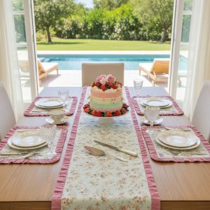 MAİSON ALİSA "Victorian Garden" GÜL KURUSU VE ÇİÇEK DESENLİ RUNNER VE 4'LÜ AMERİKAN SERVİS SETİ